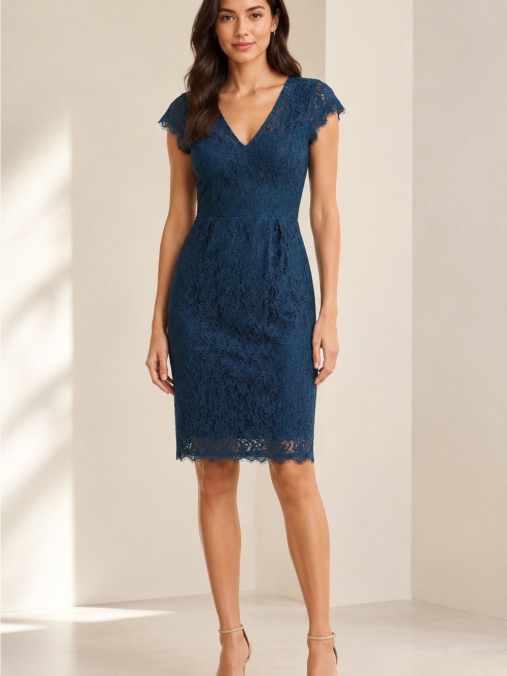 Babaton Teal Lace V-Neck Sheath Dress